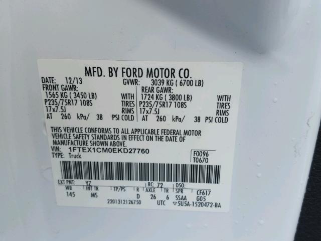 1FTEX1CM0EKD27760 - 2014 FORD F150 SUPER WHITE photo 10