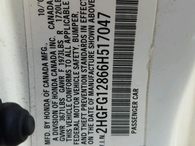 2HGFG12866H517047 - 2006 HONDA CIVIC EX თეთრი ფოტო 10