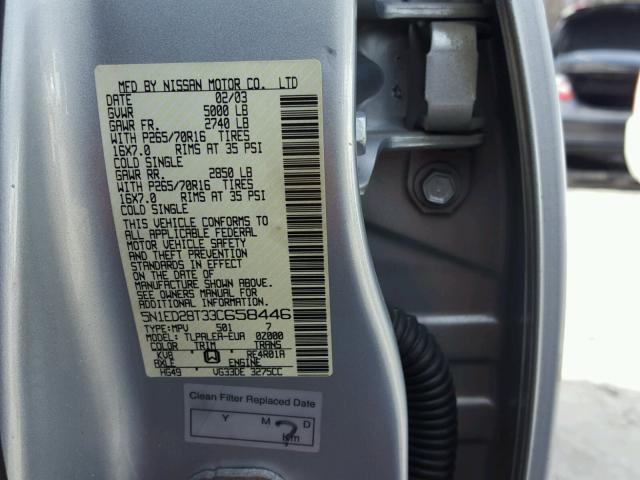 5N1ED28T33C658446 - 2003 NISSAN XTERRA XE SILVER photo 10