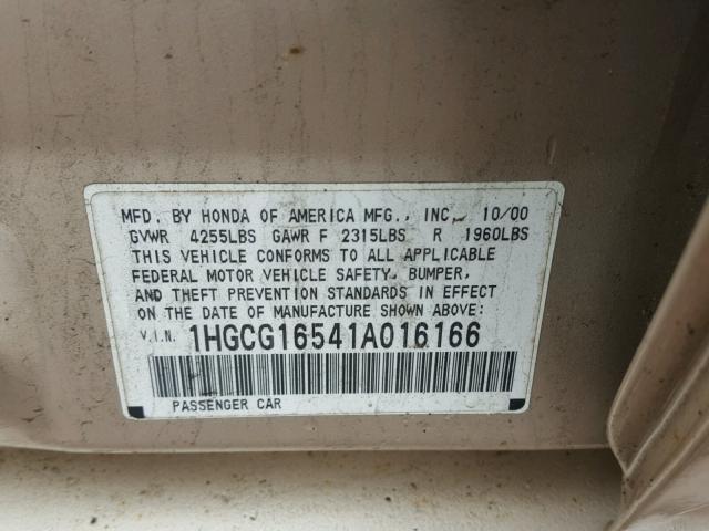 1HGCG16541A016166 - 2001 HONDA ACCORD EX GOLD photo 10