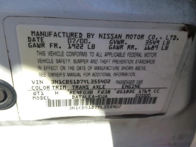 3N1CB51D7YL355402 - 2000 NISSAN SENTRA BAS WHITE photo 10