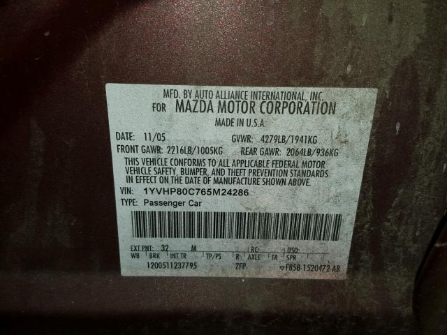 1YVHP80C765M24286 - 2006 MAZDA 6 I Kasztanowy zdjęcie 10