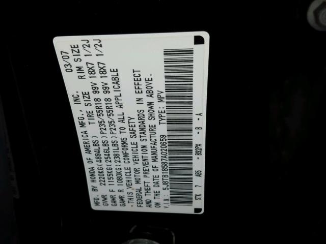 5J8TB18587A020659 - 2007 ACURA RDX TECHNO BLACK photo 10