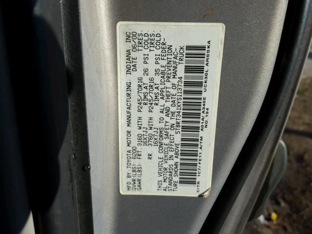 5TBRT341XYS113734 - 2000 TOYOTA TUNDRA ACC PURPLE photo 10