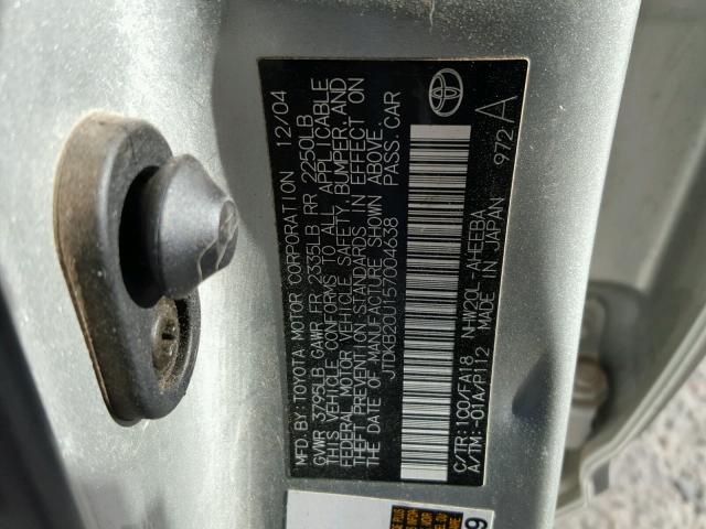 JTDKB20U157004638 - 2005 TOYOTA PRIUS SILVER photo 10