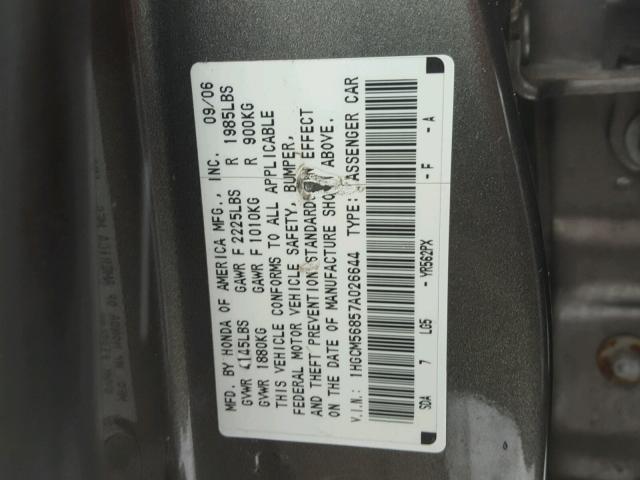 1HGCM56857A026644 - 2007 HONDA ACCORD EX GRAY photo 10