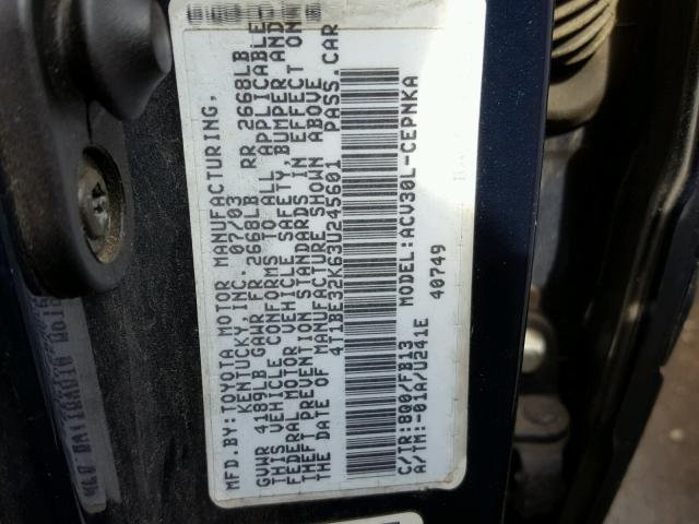 4T1BE32K63U245601 - 2003 TOYOTA CAMRY LE BLUE photo 10