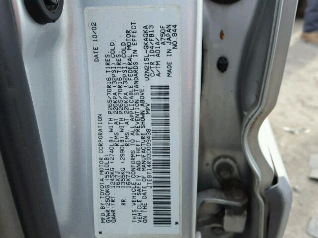 JTEBT14R930009438 - 2003 TOYOTA 4RUNNER SR SILVER photo 10