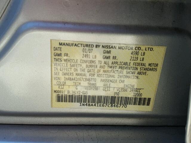 1N4BA41E67C846770 - 2007 NISSAN MAXIMA SE SILVER photo 10