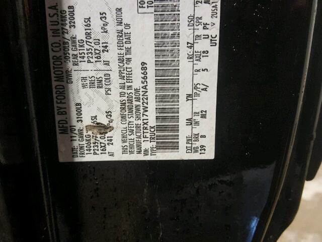 1FTRX17W22NA56689 - 2002 FORD F150 BLACK photo 10