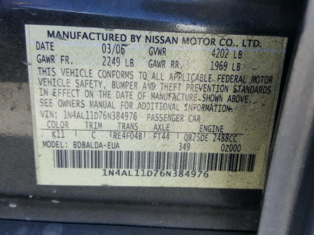 1N4AL11D76N384976 - 2006 NISSAN ALTIMA S GRAY photo 10