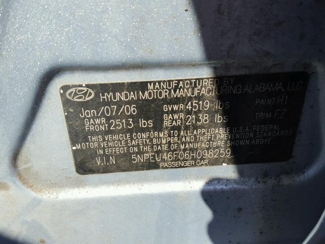 5NPEU46F06H098259 - 2006 HYUNDAI SONATA GLS BLUE photo 10