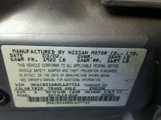 3N1CB51D82L657711 - 2002 NISSAN SENTRA XE SILVER photo 10