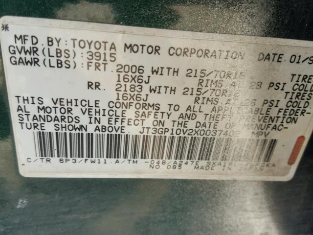 JT3GP10V2X0037402 - 1999 TOYOTA RAV4 GREEN photo 10