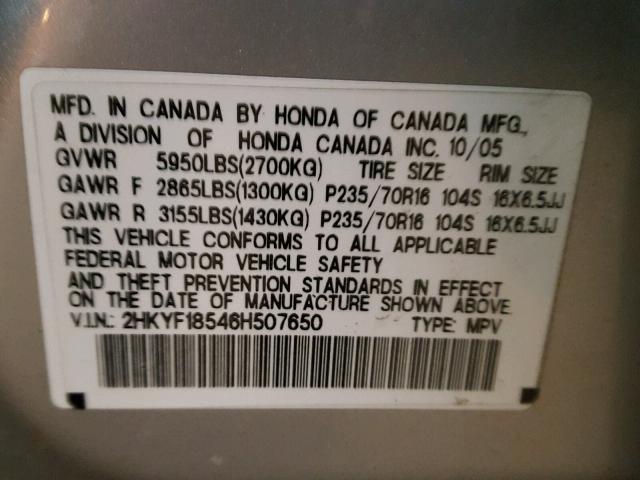 2HKYF18546H507650 - 2006 HONDA PILOT EX SILVER photo 10