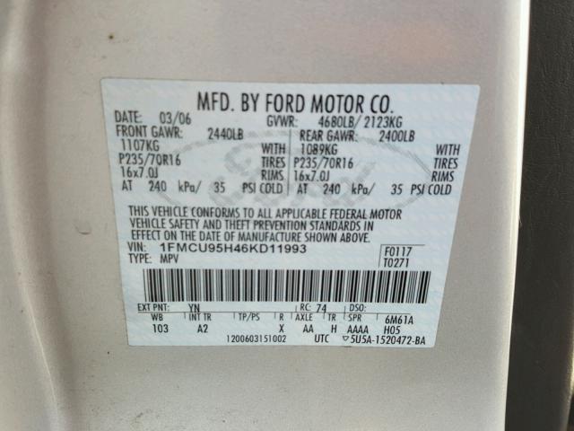 1FMCU95H46KD11993 - 2006 FORD ESCAPE HEV GRAY photo 10