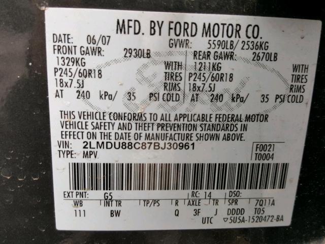 2LMDU88C87BJ30961 - 2007 LINCOLN MKX CHARCOAL photo 10