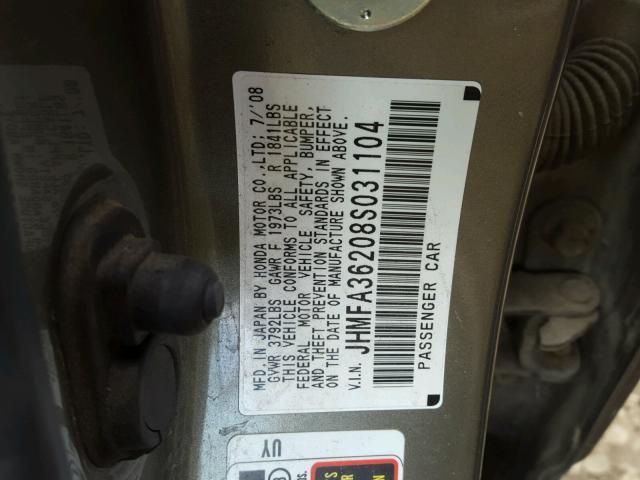 JHMFA36208S031104 - 2008 HONDA CIVIC HYBR GRAY photo 10