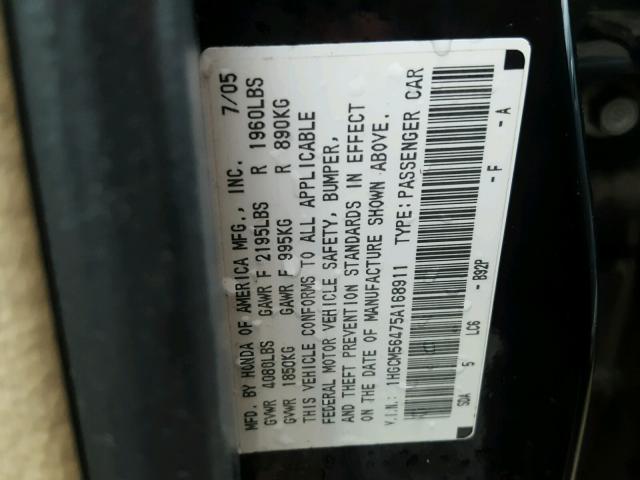 1HGCM56475A168911 - 2005 HONDA ACCORD LX BLACK photo 10