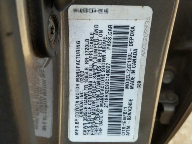 2T1BR32E93C146027 - 2003 TOYOTA COROLLA CE GRAY photo 10