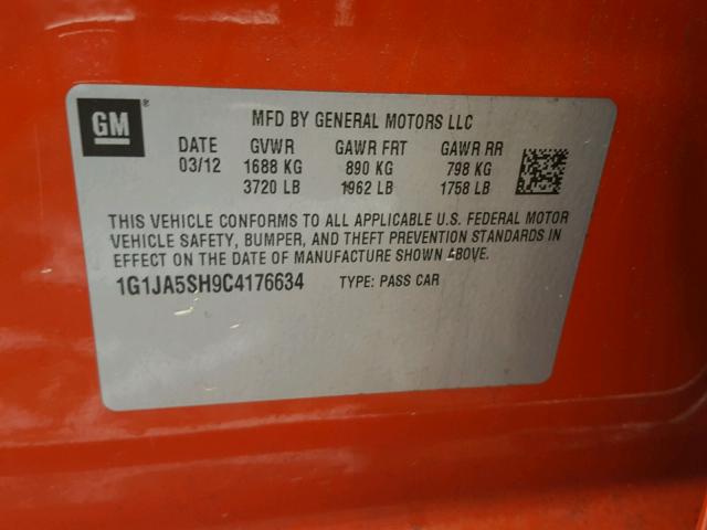 1G1JA5SH9C4176634 - 2012 CHEVROLET SONIC LS ნარინჯისფერი ფოტო 10