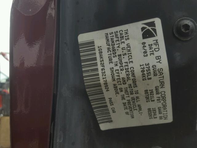 1G8AK52F63Z178924 - 2003 SATURN ION LEVEL MAROON photo 10