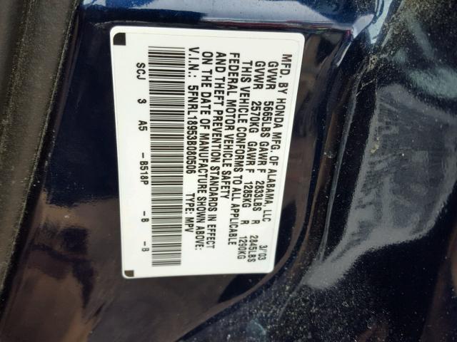 5FNRL18953B080506 - 2003 HONDA ODYSSEY EX BLUE photo 10