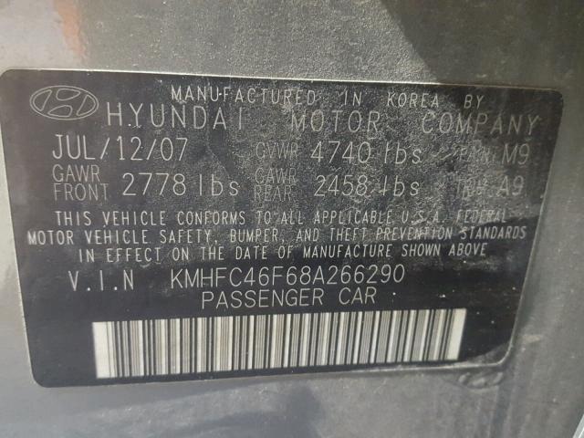 KMHFC46F68A266290 - 2008 HYUNDAI AZERA SE GRAY photo 10