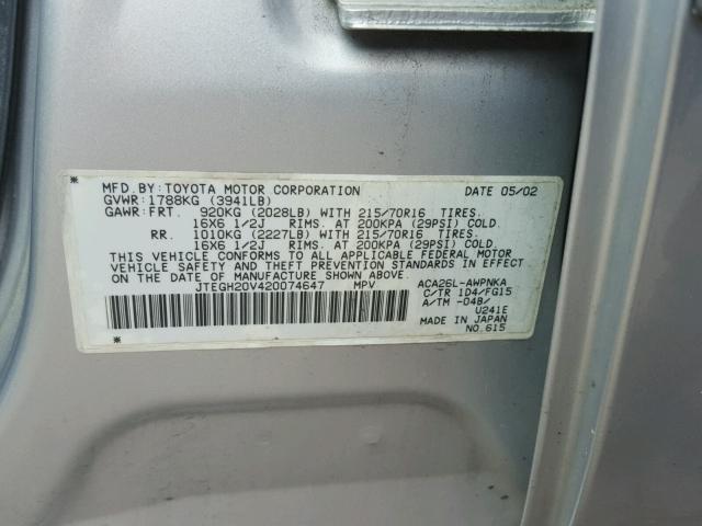 JTEGH20V420074647 - 2002 TOYOTA RAV4 SILVER photo 10