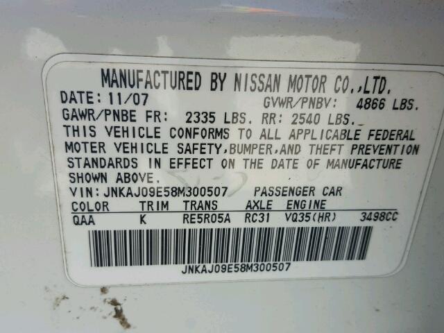 JNKAJ09E58M300507 - 2008 INFINITI EX35 BASE WHITE photo 10