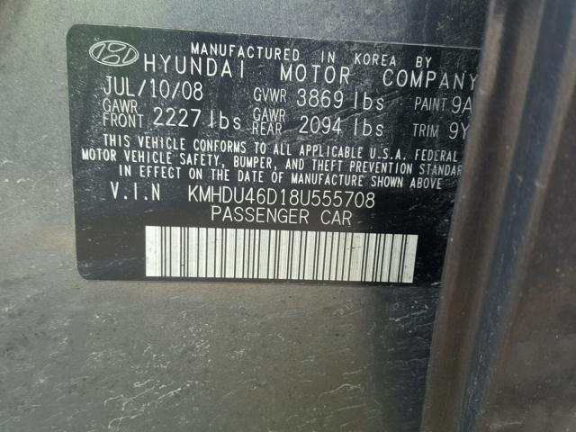 KMHDU46D18U555708 - 2008 HYUNDAI ELANTRA GL GRAY photo 10