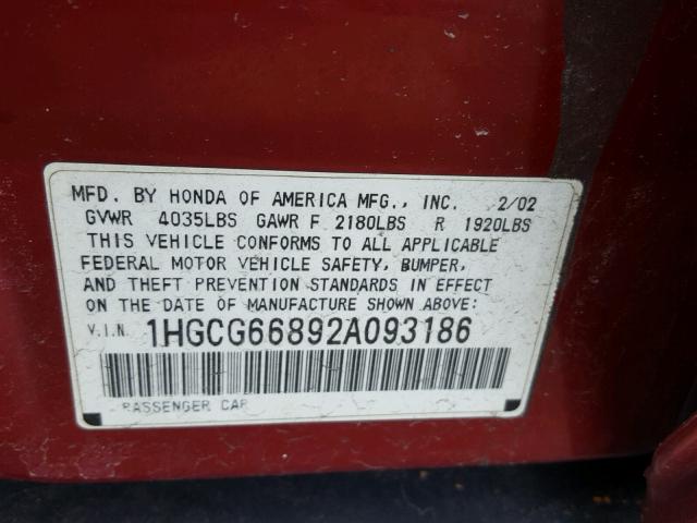 1HGCG66892A093186 - 2002 HONDA ACCORD EX RED photo 10