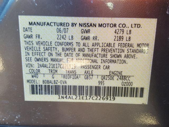 1N4AL21E17C226919 - 2007 NISSAN ALTIMA 2.5 GRAY photo 10