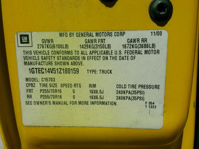 1GTEC14V51Z180159 - 2001 GMC NEW SIERRA YELLOW photo 10