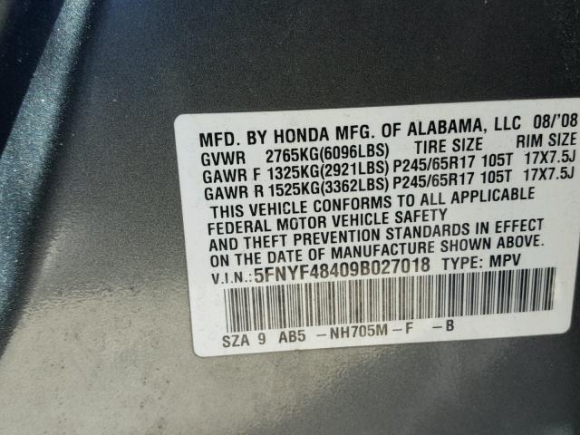 5FNYF48409B027018 - 2009 HONDA PILOT EX GRAY photo 10