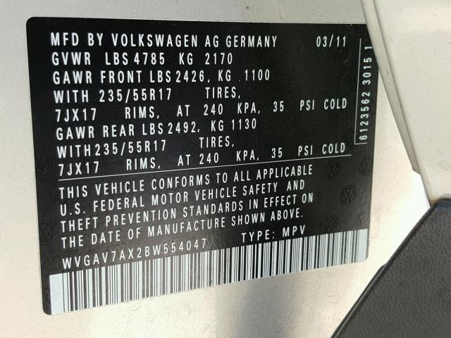 WVGAV7AX2BW554047 - 2011 VOLKSWAGEN TIGUAN S SILVER photo 10