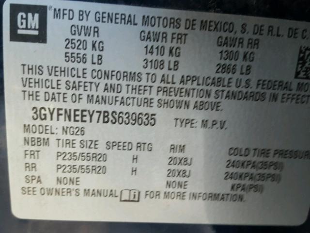 3GYFNEEY7BS639635 - 2011 CADILLAC SRX PERFOR 蓝色 照片 10