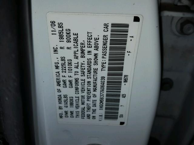 1HGCM56377A064039 - 2007 HONDA ACCORD SE WHITE photo 10