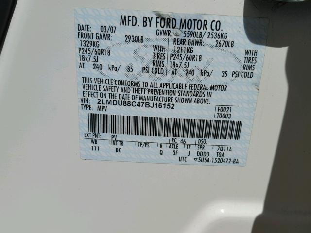 2LMDU88C47BJ16152 - 2007 LINCOLN MKX CREAM photo 10