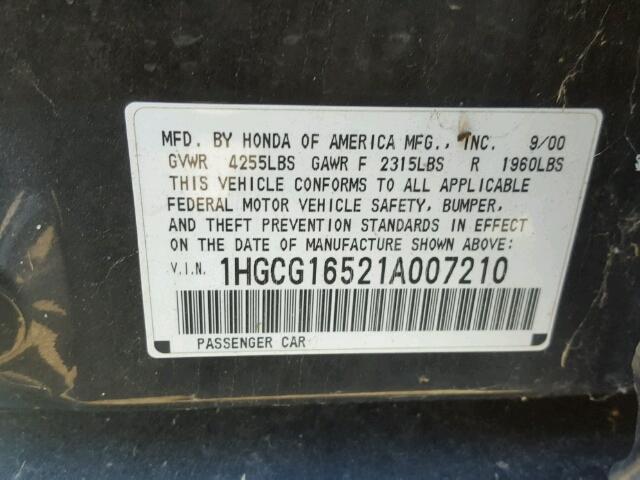 1HGCG16521A007210 - 2001 HONDA ACCORD EX BLACK photo 10