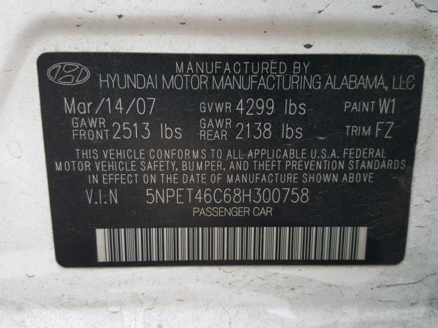 5NPET46C68H300758 - 2008 HYUNDAI SONATA GLS WHITE photo 10