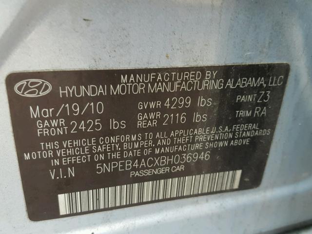 5NPEB4ACXBH036946 - 2011 HYUNDAI SONATA GLS BLUE photo 10