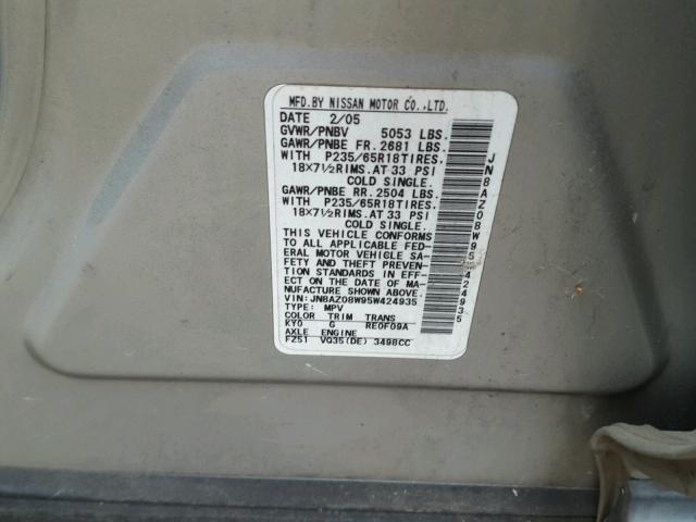 JN8AZ08W95W424935 - 2005 NISSAN MURANO SL SILVER photo 10