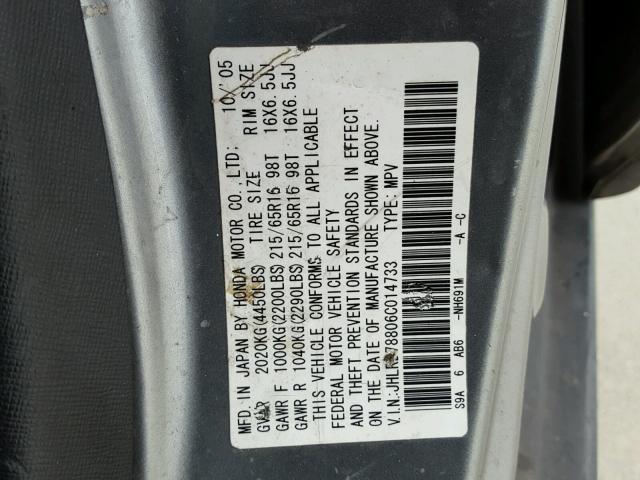 JHLRD78806C014733 - 2006 HONDA CR-V EX GRAY photo 10