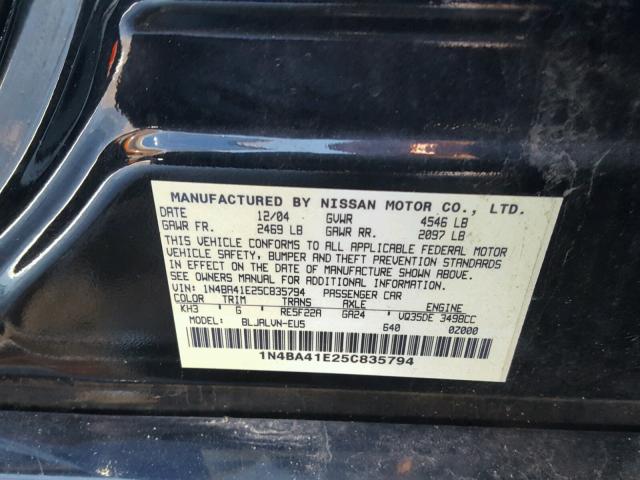 1N4BA41E25C835794 - 2005 NISSAN MAXIMA SE BLACK photo 10