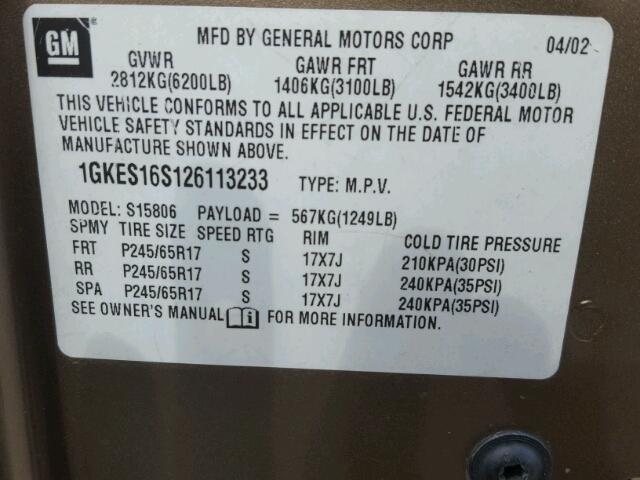 1GKES16S126113233 - 2002 GMC ENVOY XL TAN photo 10