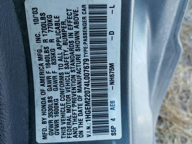 1HGEM22074L007679 - 2004 HONDA CIVIC EX GRAY photo 10