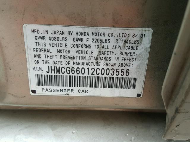 JHMCG66012C003556 - 2002 HONDA ACCORD EX TAN photo 10