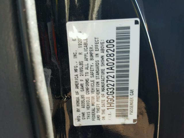 1HGCG32721A028206 - 2001 HONDA ACCORD EX BLACK photo 10