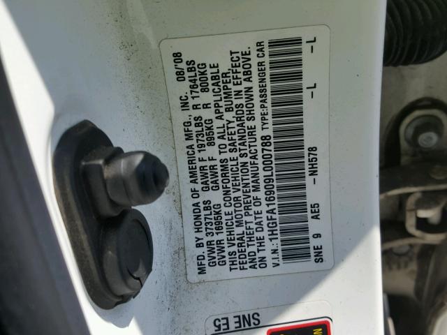 1HGFA16909L000788 - 2009 HONDA CIVIC EXL Ağ foto 10